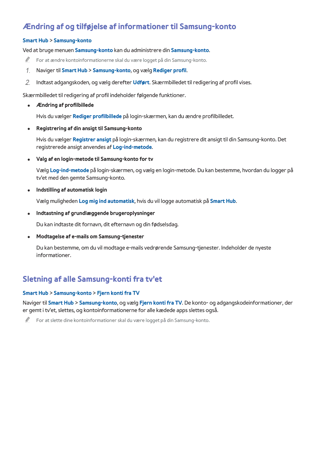 Samsung UE55HU8505QXXE manual Ændring af og tilføjelse af informationer til Samsung-konto, Smart Hub Samsung-konto 