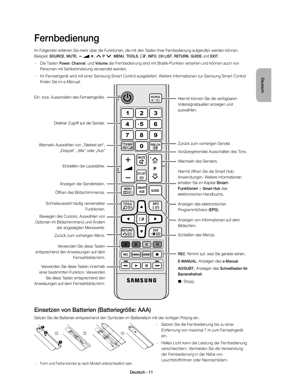 Samsung UE65HU8590VXZG, UE55HU8590VXZG manual Fernbedienung, Einsetzen von Batterien Batteriegröße AAA 