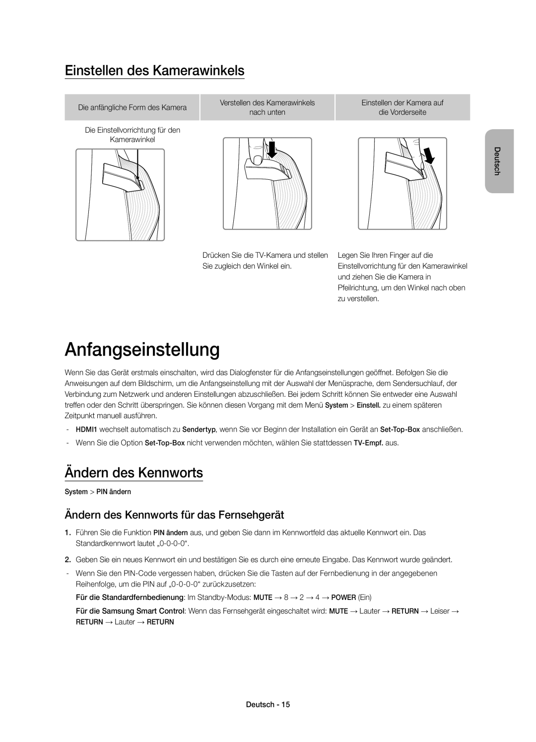 Samsung UE65HU8590VXZG, UE55HU8590VXZG manual Anfangseinstellung, Einstellen des Kamerawinkels, Ändern des Kennworts 