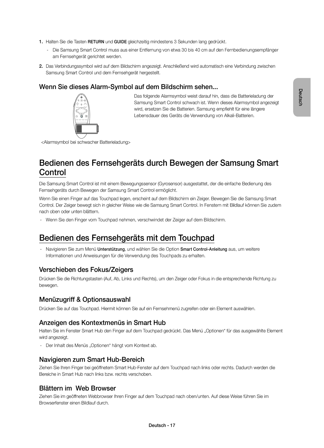 Samsung UE65HU8590VXZG, UE55HU8590VXZG manual Bedienen des Fernsehgeräts mit dem Touchpad 