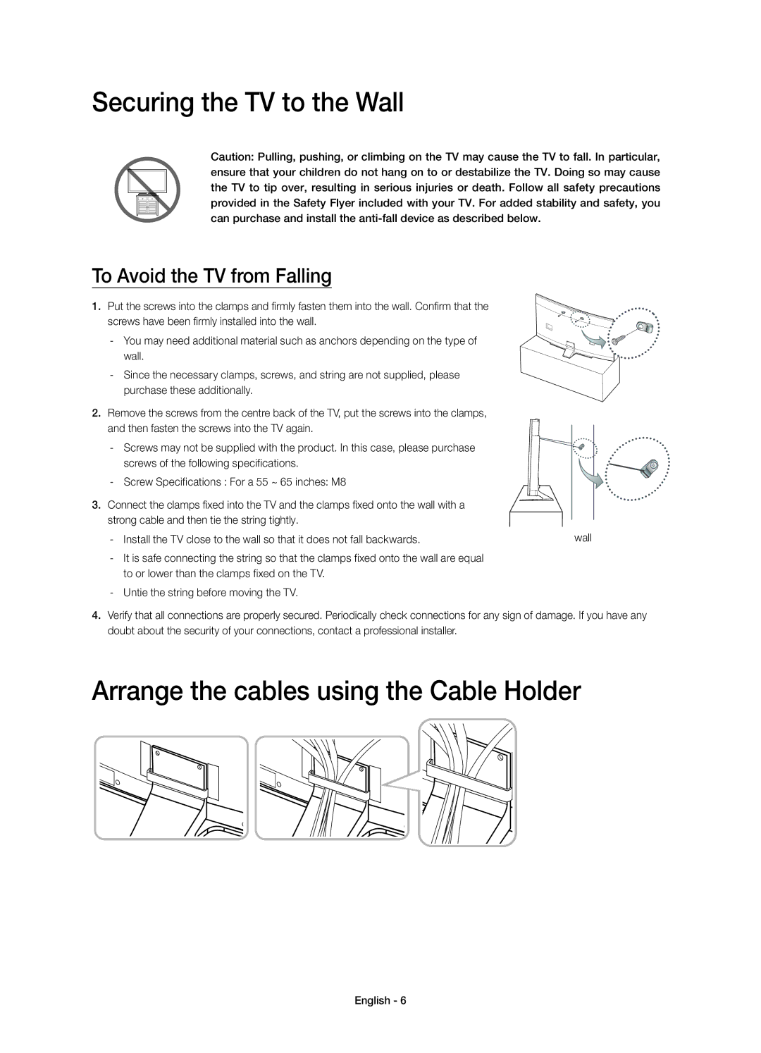 Samsung UE55HU8590VXZG, UE65HU8590VXZG manual Securing the TV to the Wall, Arrange the cables using the Cable Holder 