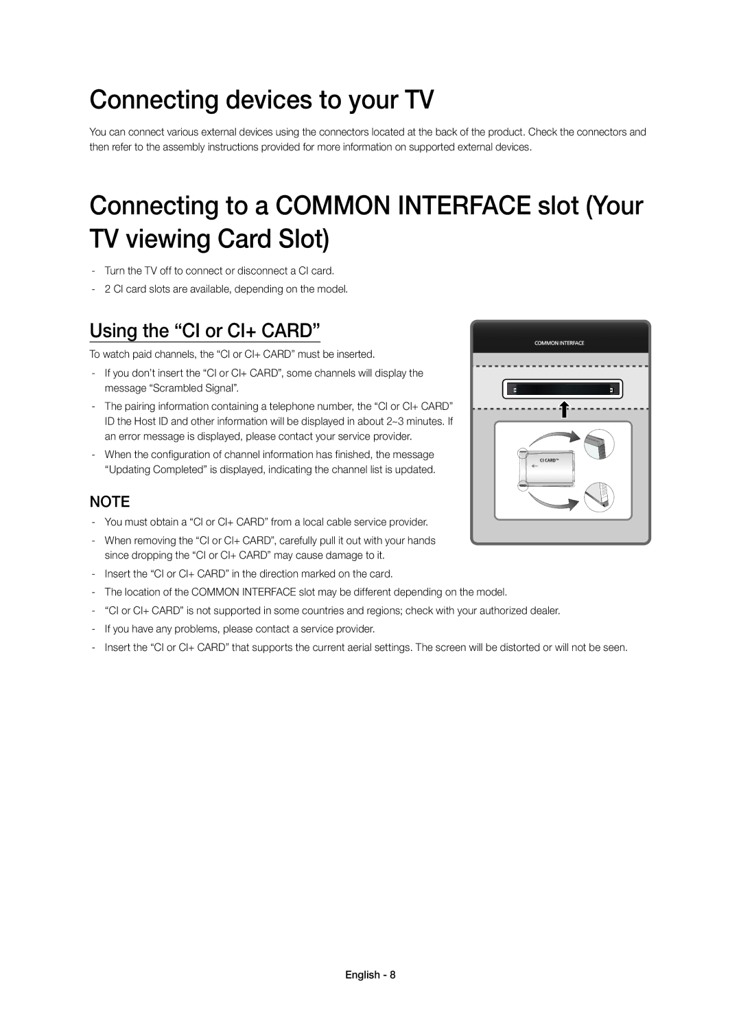 Samsung UE55HU8590VXZG, UE65HU8590VXZG manual Connecting devices to your TV, Using the CI or CI+ Card 