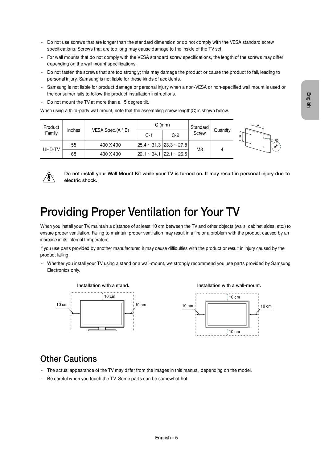 Samsung UE78HU9000TXRU, UE55HU9000TXUZ, UE78HU9000TXUZ manual Providing Proper Ventilation for Your TV, Other Cautions 