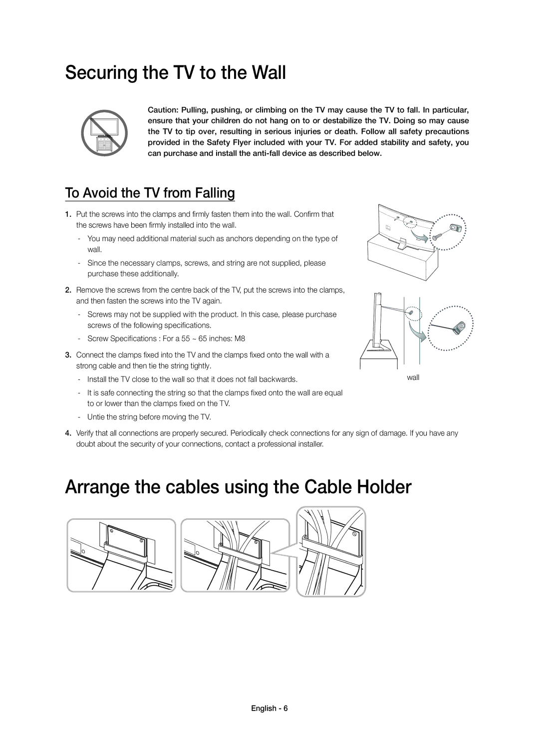 Samsung UE78HU9000TXUZ, UE55HU9000TXUZ manual Securing the TV to the Wall, Arrange the cables using the Cable Holder 