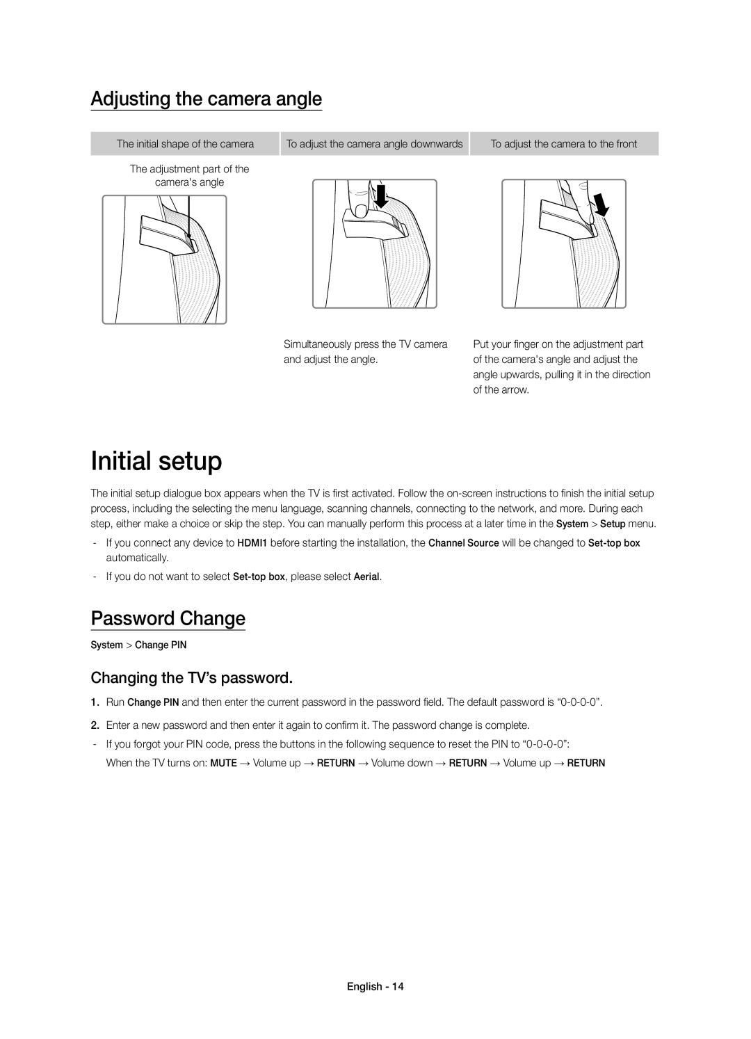 Samsung UE65HU9000TXRU manual Initial setup, Adjusting the camera angle, Password Change, Changing the TV’s password 