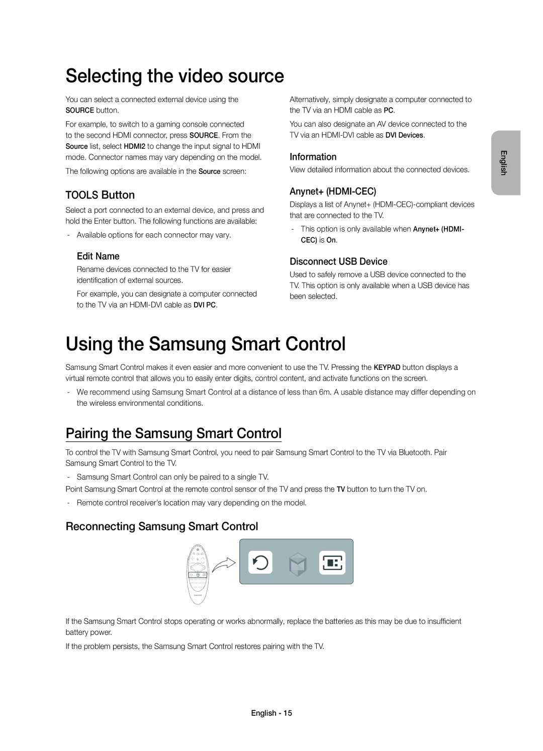 Samsung UE65HU9000TXUZ Selecting the video source, Using the Samsung Smart Control, Pairing the Samsung Smart Control 