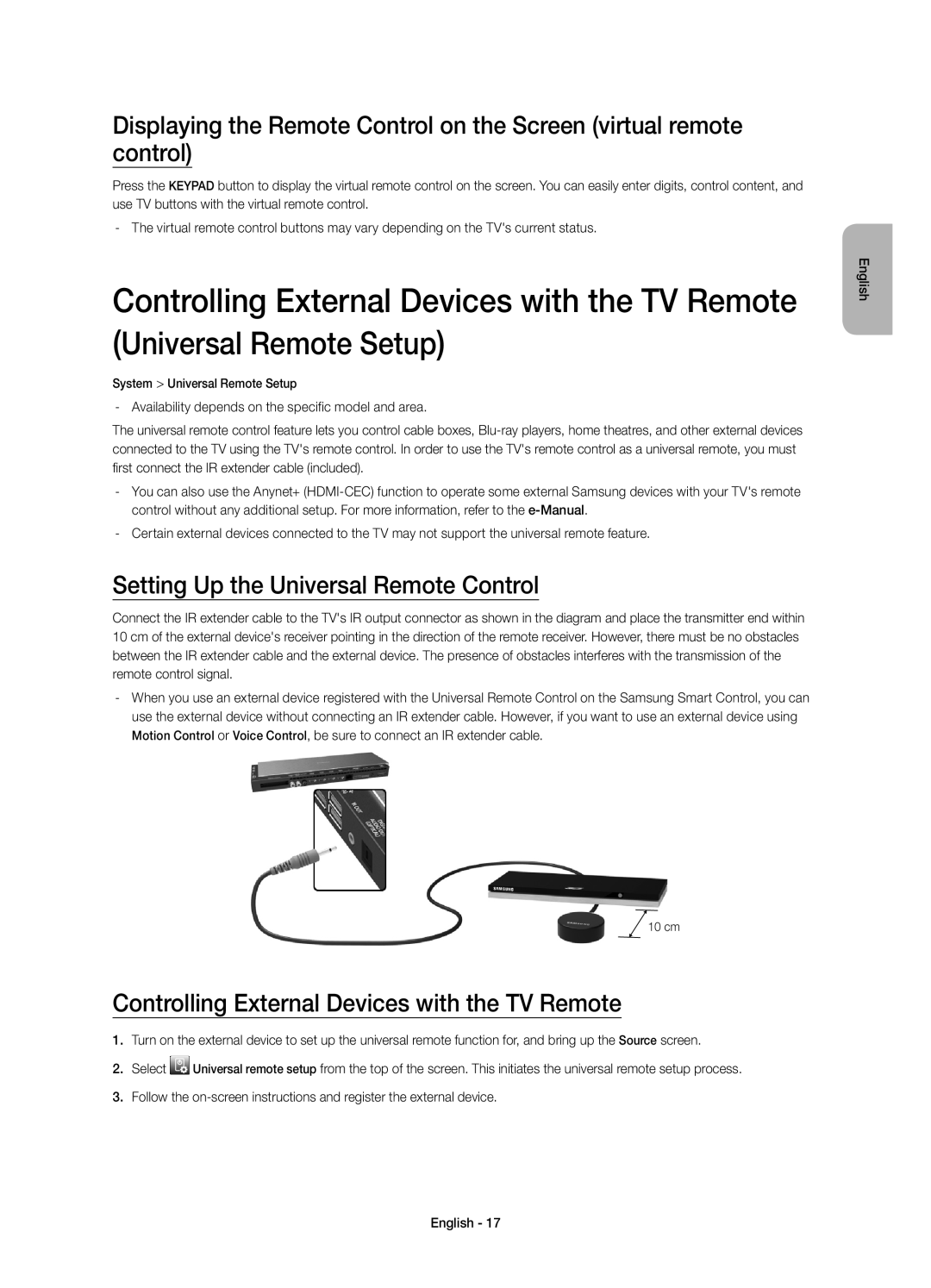 Samsung UE78HU9000TXRU manual Setting Up the Universal Remote Control, Controlling External Devices with the TV Remote 