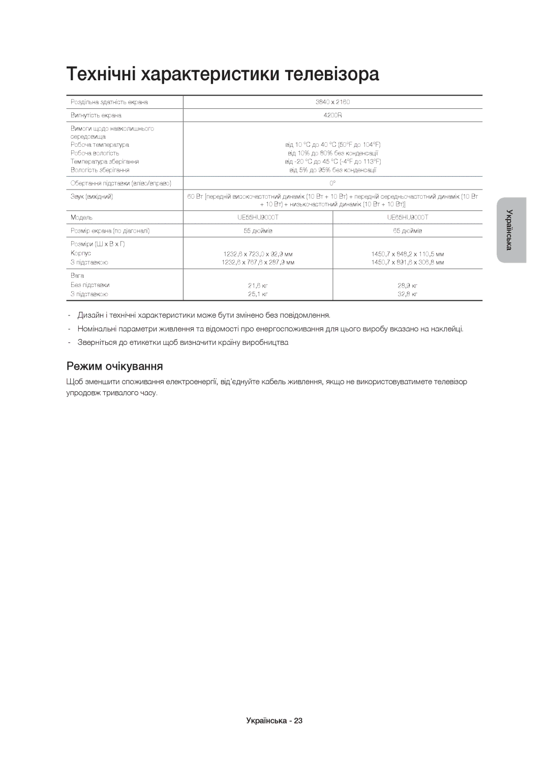 Samsung UE78HU9000TXRU, UE55HU9000TXUZ, UE78HU9000TXUZ, UE55HU9000TXRU Технічні характеристики телевізора, Режим очікування 