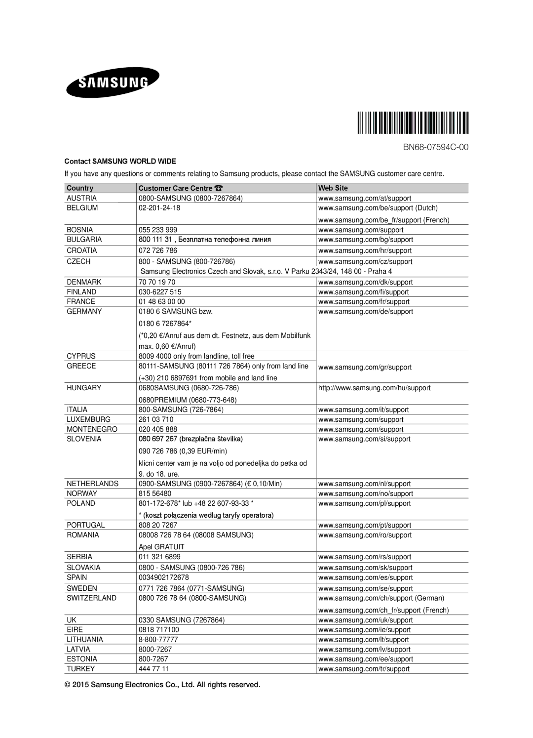 Samsung UE50J6100AWXBT, UE55J6100AWXZF, UE50J6100AWXZF, UE60J6100AWXBT, UE55J6100AWXBT, UE55J6100AWXXN manual BN68-07594C-00 