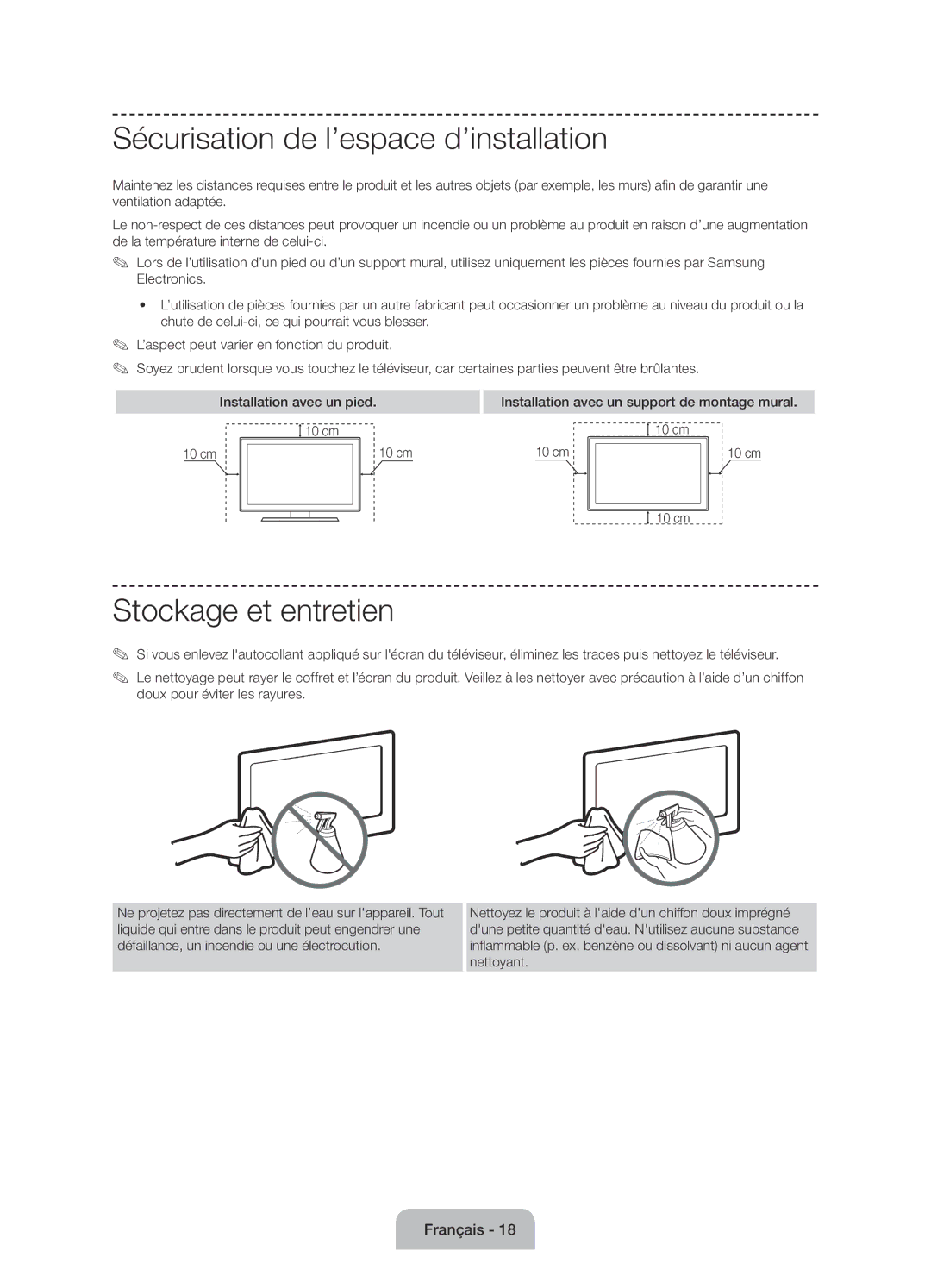 Samsung UE60J6100AWXBT, UE55J6100AWXZF, UE50J6100AWXZF manual Sécurisation de l’espace d’installation, Stockage et entretien 