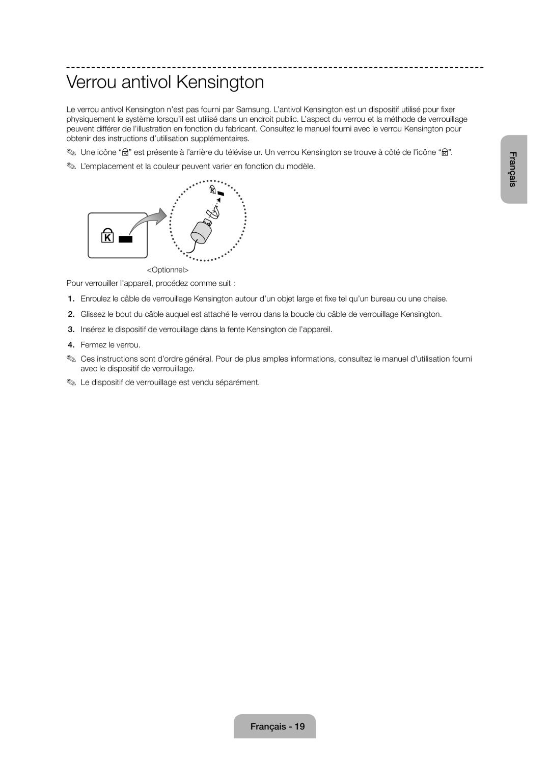 Samsung UE55J6100AWXBT, UE55J6100AWXZF, UE50J6100AWXZF, UE60J6100AWXBT, UE50J6100AWXBT manual Verrou antivol Kensington 