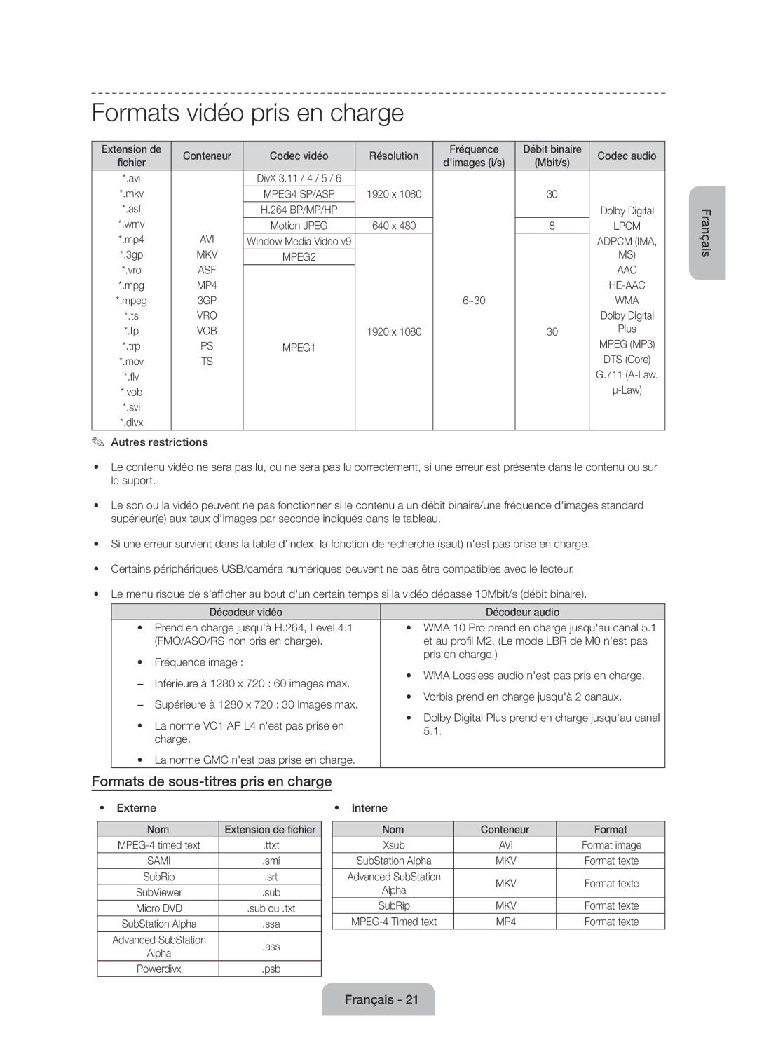 Samsung UE55J6100AWXXN, UE55J6100AWXZF, UE50J6100AWXZF Formats vidéo pris en charge, Formats de sous-titres pris en charge 