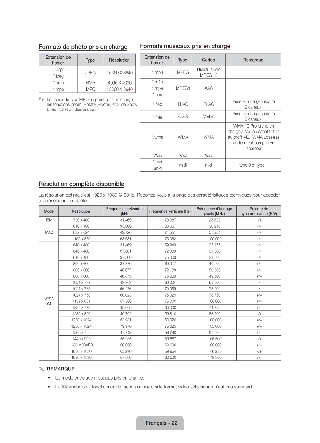 Samsung UE60J6100AWXXN Résolution complète disponible, Extension de Type Résolution, Extension de Type Codec Remarque 