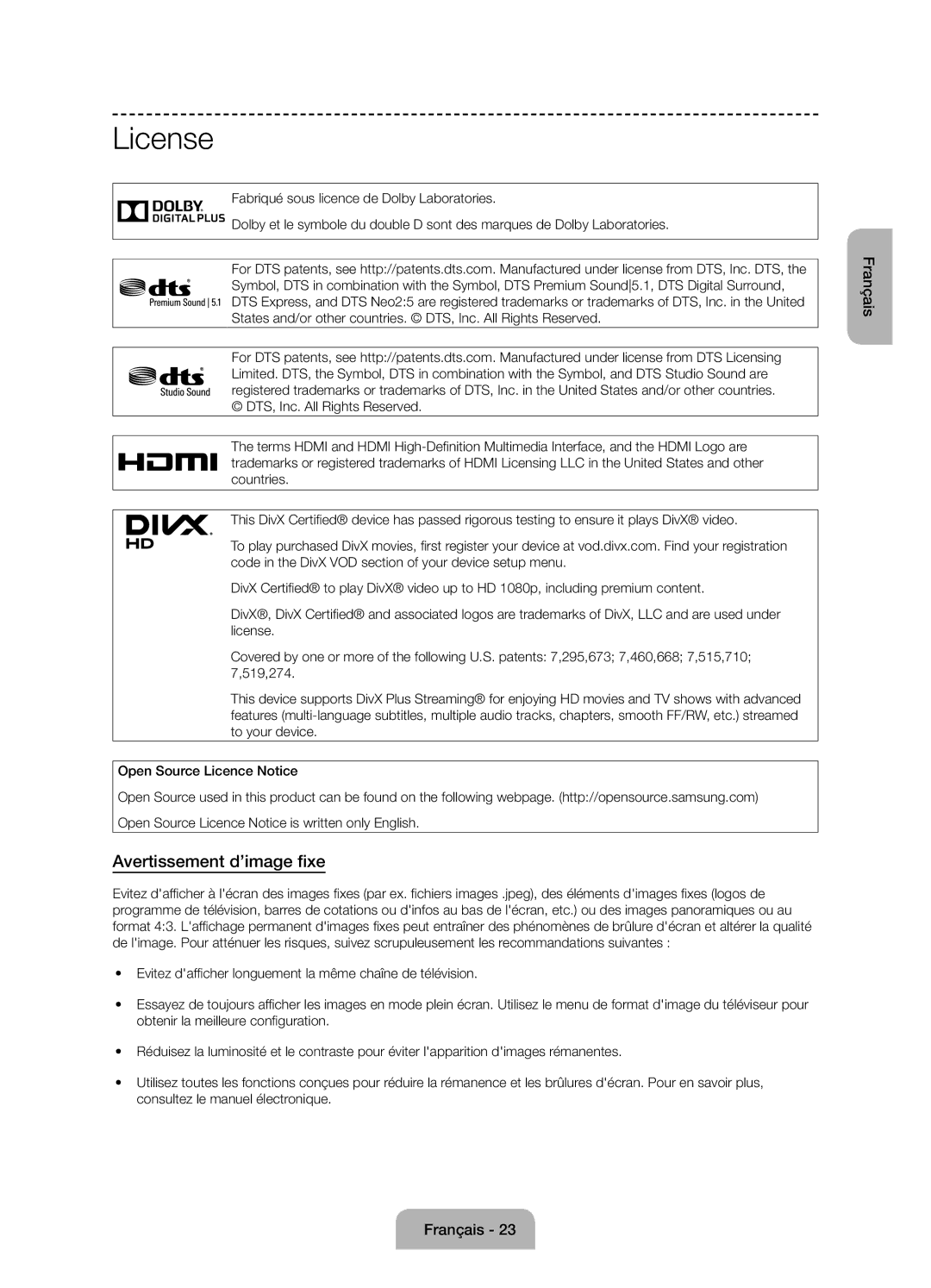 Samsung UE50J6100AWXXN, UE55J6100AWXZF manual License, Avertissement d’image fixe, Obtenir la meilleure configuration 