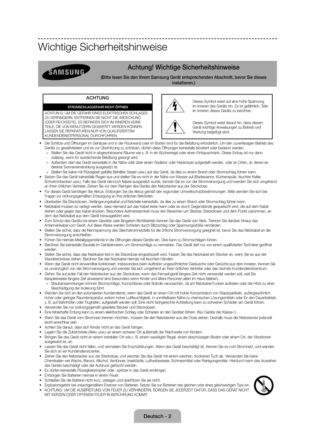 Samsung UE60J6100AWXBT, UE55J6100AWXZF, UE50J6100AWXZF, UE55J6100AWXBT manual Achtung! Wichtige Sicherheitshinweise 