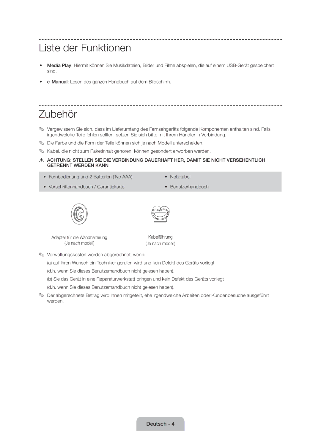 Samsung UE50J6100AWXBT, UE55J6100AWXZF, UE50J6100AWXZF, UE60J6100AWXBT, UE55J6100AWXBT manual Liste der Funktionen, Zubehör 