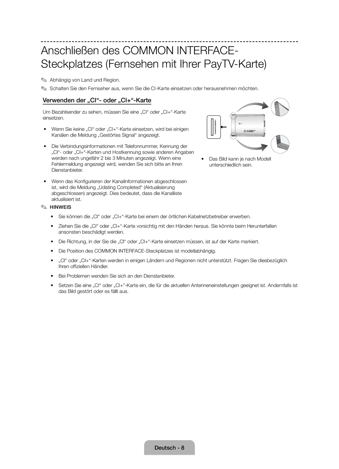 Samsung UE55J6100AWXZF, UE50J6100AWXZF, UE60J6100AWXBT, UE55J6100AWXBT manual Verwenden der „CI- oder „CI+-Karte, Hinweis 