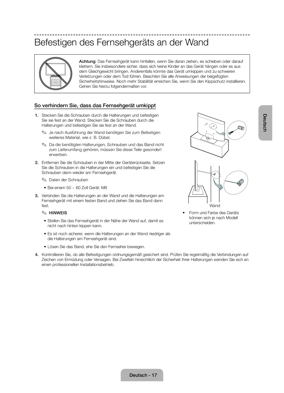 Samsung UE50J6100AWXZF manual Befestigen des Fernsehgeräts an der Wand, So verhindern Sie, dass das Fernsehgerät umkippt 