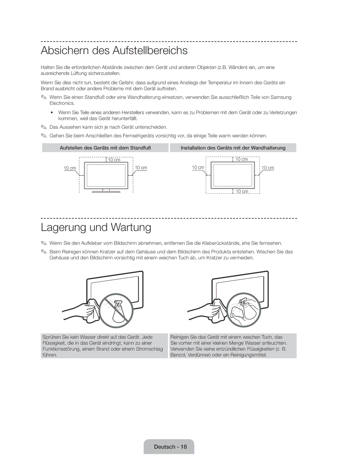 Samsung UE60J6100AWXBT, UE55J6100AWXZF, UE50J6100AWXZF, UE55J6100AWXBT Absichern des Aufstellbereichs, Lagerung und Wartung 