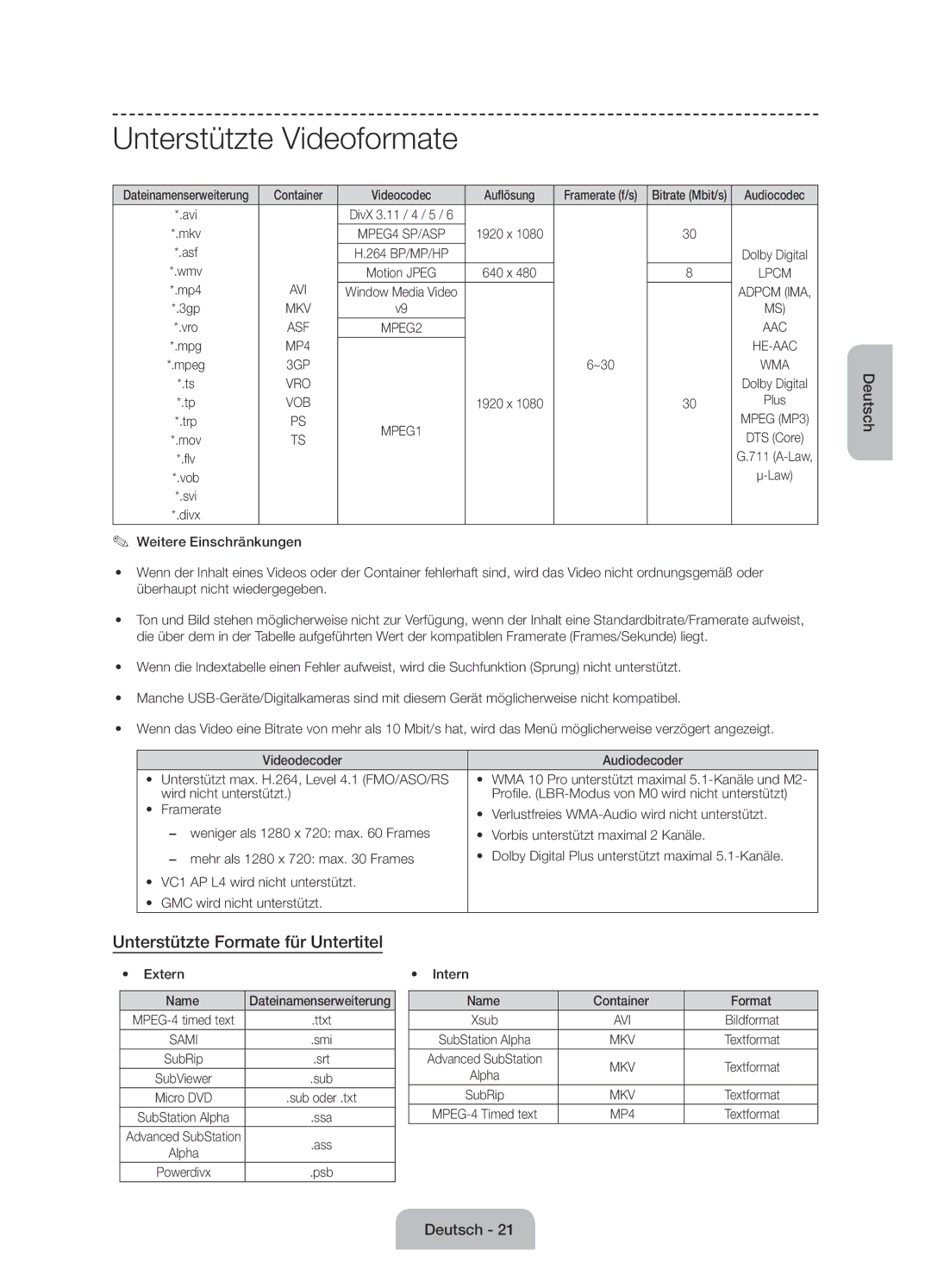 Samsung UE55J6100AWXXN, UE55J6100AWXZF, UE50J6100AWXZF manual Unterstützte Videoformate, Unterstützte Formate für Untertitel 