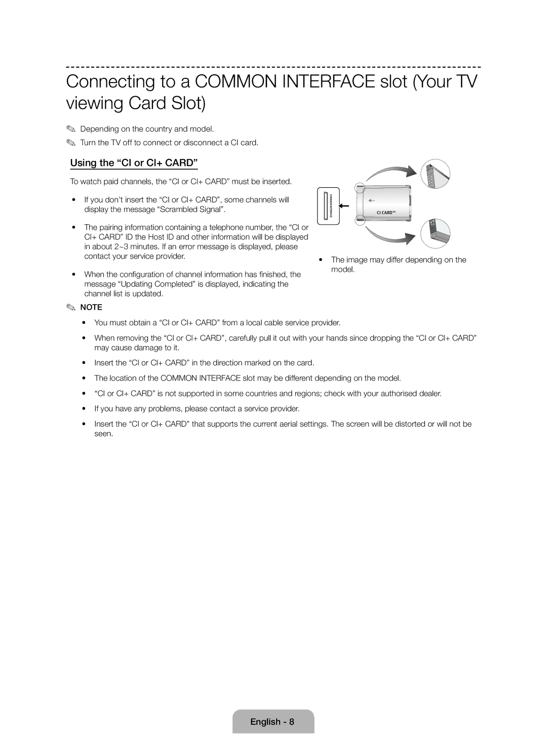 Samsung UE55J6100AWXZF, UE50J6100AWXZF, UE60J6100AWXBT, UE55J6100AWXBT, UE50J6100AWXBT manual Using the CI or CI+ Card 