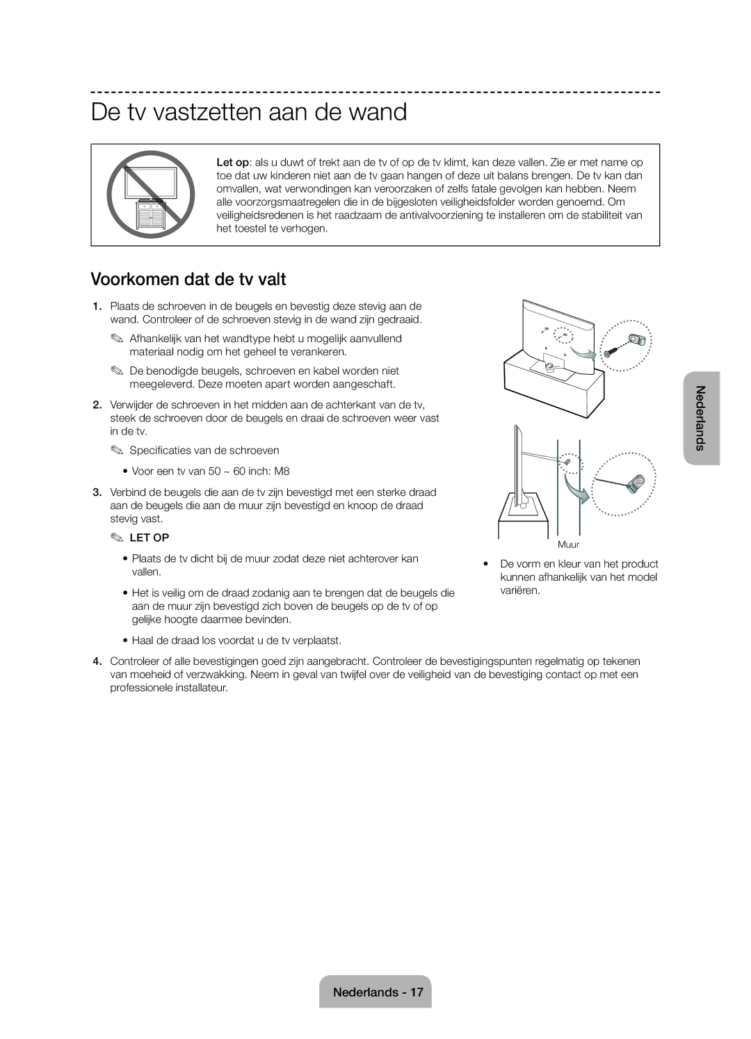 Samsung UE50J6100AWXZF, UE55J6100AWXZF, UE60J6100AWXBT, UE55J6100AWXBT, UE50J6100AWXBT De tv vastzetten aan de wand, Vallen 