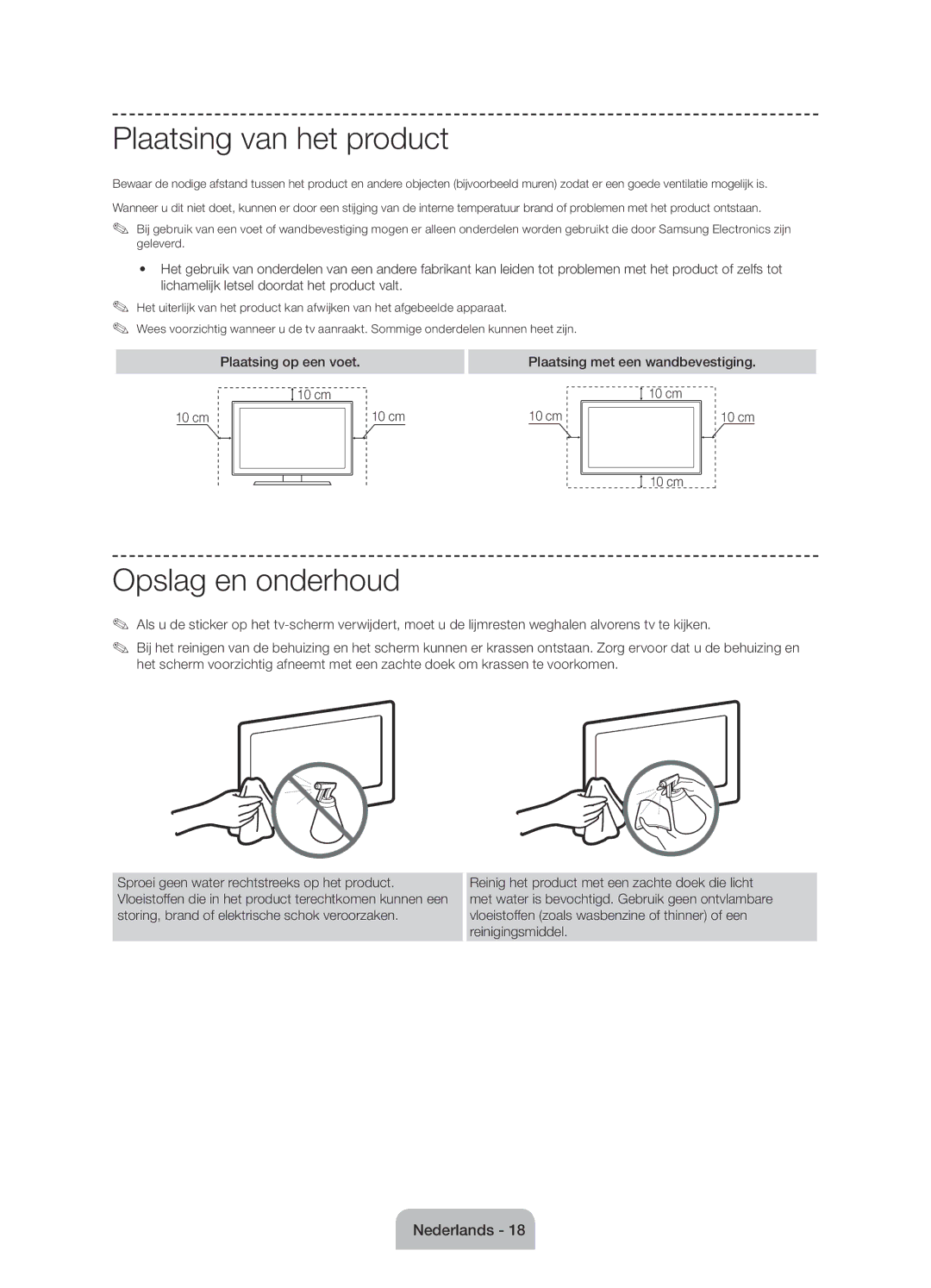 Samsung UE60J6100AWXBT, UE55J6100AWXZF manual Plaatsing van het product, Opslag en onderhoud, Plaatsing op een voet 10 cm 