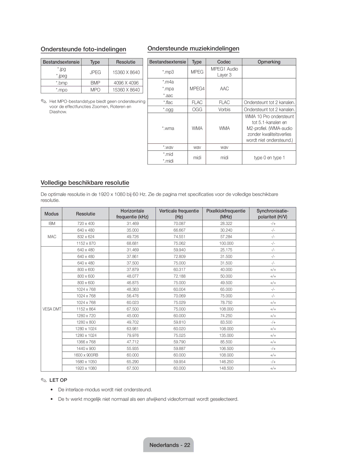 Samsung UE60J6100AWXXN manual Ondersteunde foto-indelingen Ondersteunde muziekindelingen, Volledige beschikbare resolutie 