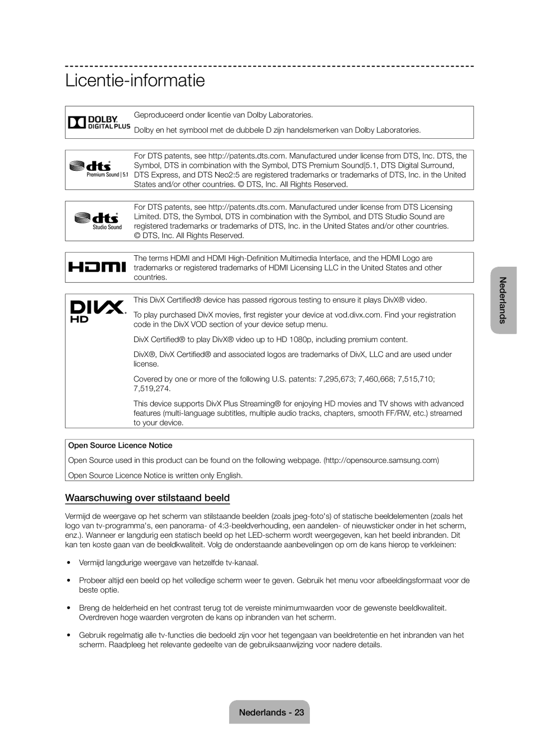 Samsung UE50J6100AWXXN, UE55J6100AWXZF, UE50J6100AWXZF manual Licentie-informatie, Waarschuwing over stilstaand beeld 