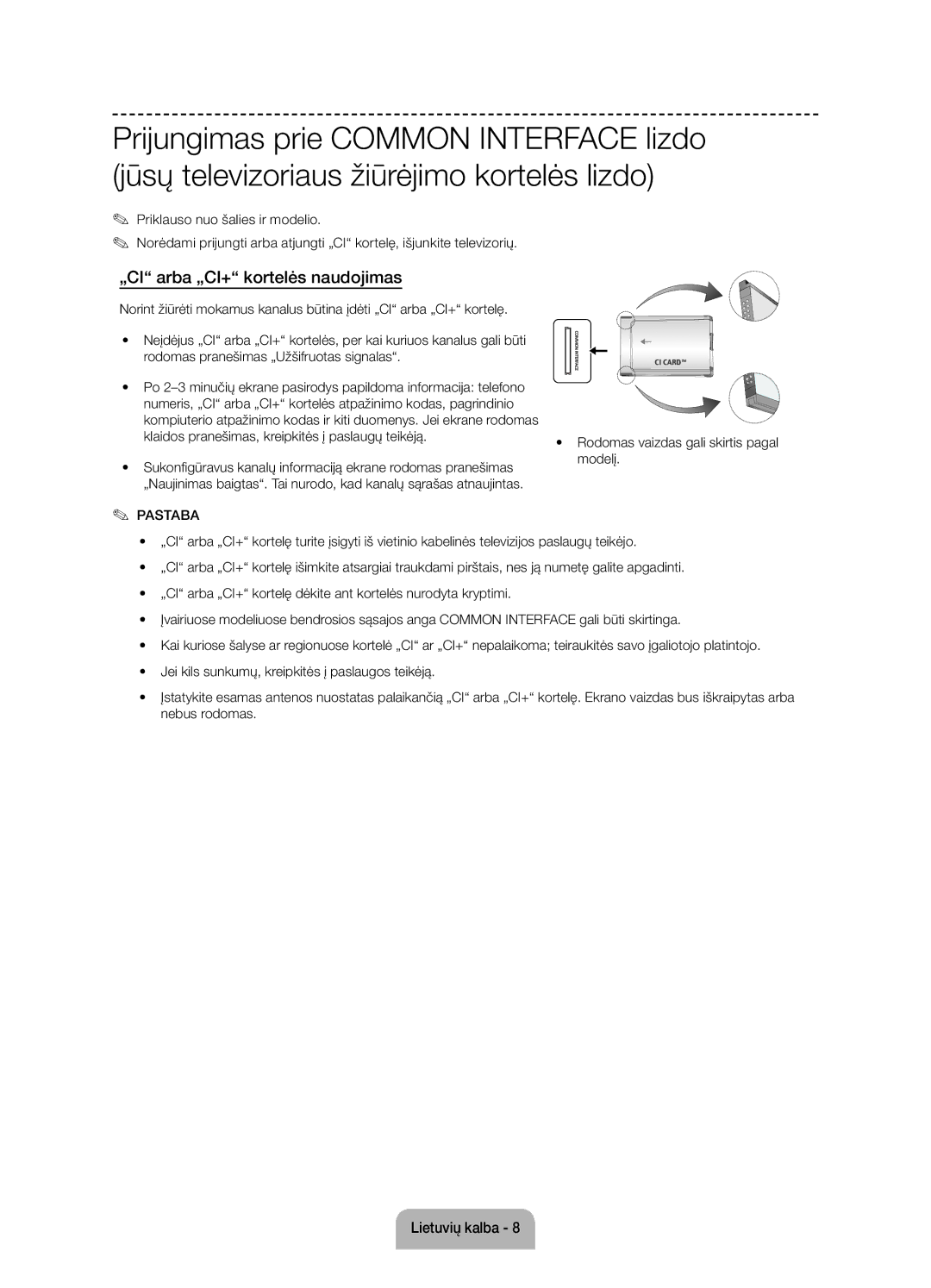 Samsung UE55J6100AWXZF, UE50J6100AWXZF, UE60J6100AWXBT, UE55J6100AWXBT manual „CI arba „CI+ kortelės naudojimas, Pastaba 