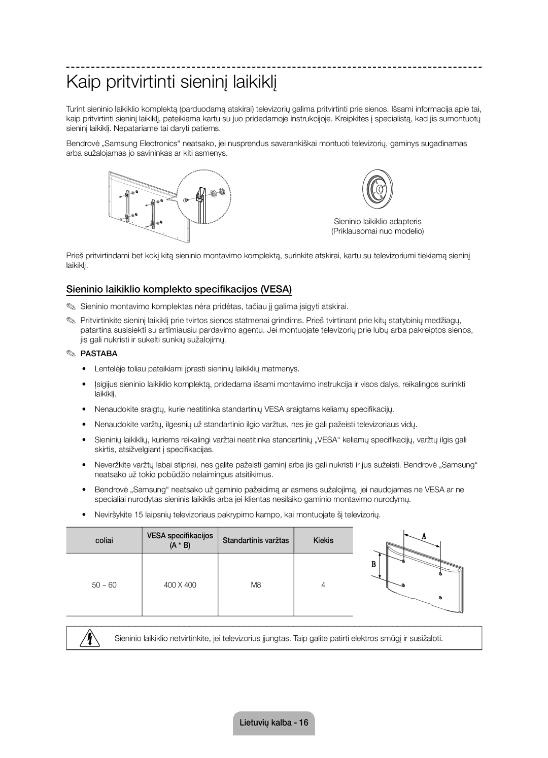 Samsung UE55J6100AWXZF manual Kaip pritvirtinti sieninį laikiklį, Sieninio laikiklio komplekto specifikacijos Vesa 