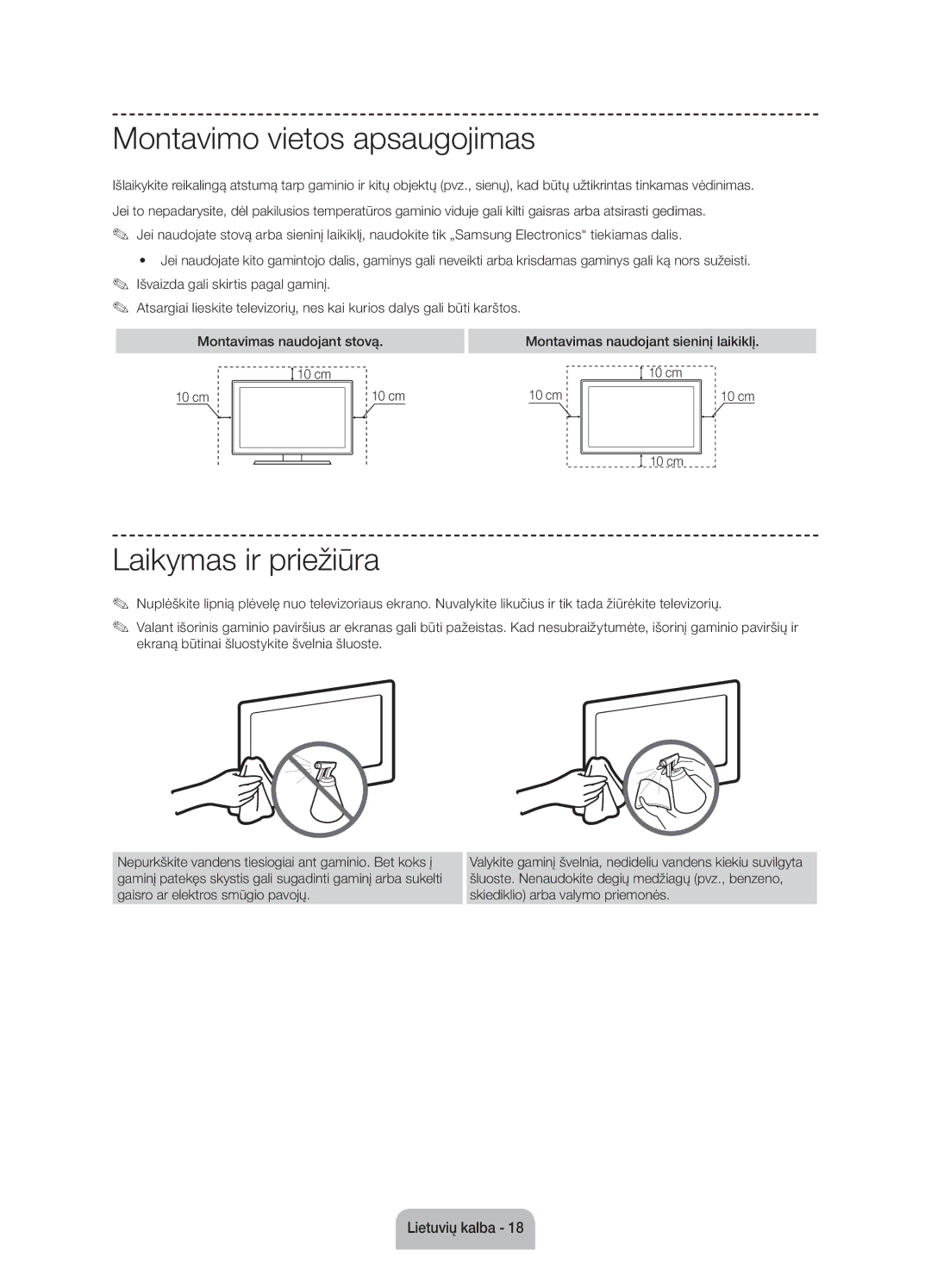 Samsung UE60J6100AWXBT Montavimo vietos apsaugojimas, Laikymas ir priežiūra, Montavimas naudojant sieninį laikiklį 10 cm 