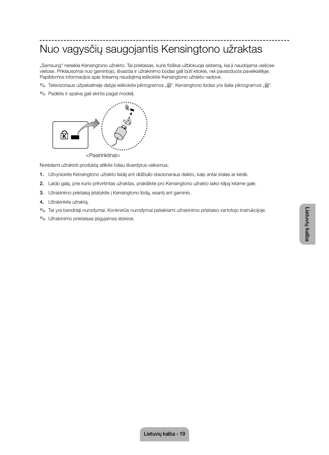 Samsung UE55J6100AWXBT, UE55J6100AWXZF, UE50J6100AWXZF manual Nuo vagysčių saugojantis Kensingtono užraktas, Pasirinktinai 