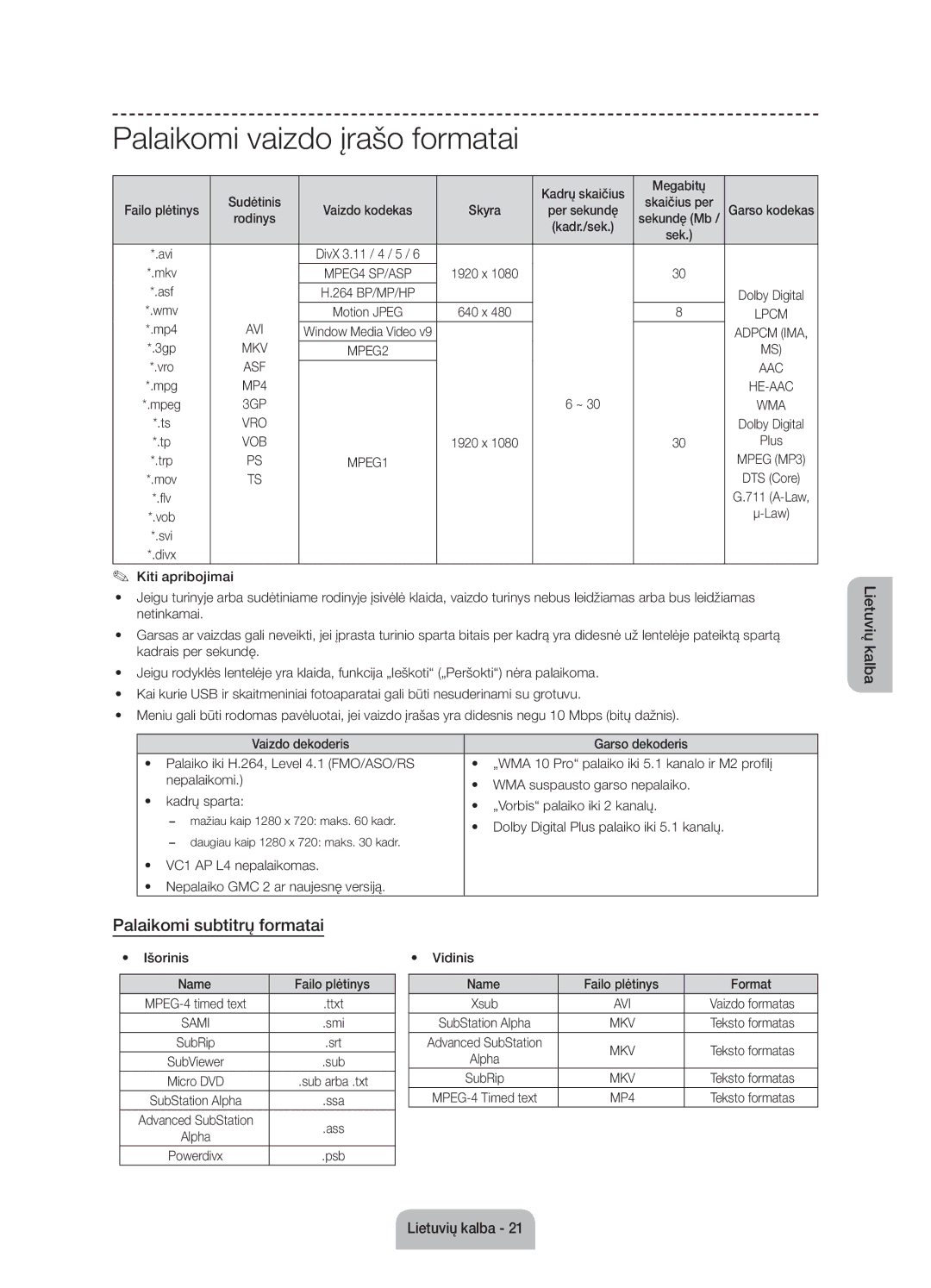 Samsung UE55J6100AWXXN, UE55J6100AWXZF, UE50J6100AWXZF manual Palaikomi vaizdo įrašo formatai, Palaikomi subtitrų formatai 