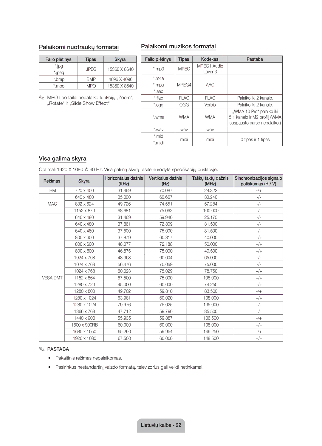 Samsung UE60J6100AWXXN, UE55J6100AWXZF manual Palaikomi nuotraukų formatai, Palaikomi muzikos formatai, Visa galima skyra 