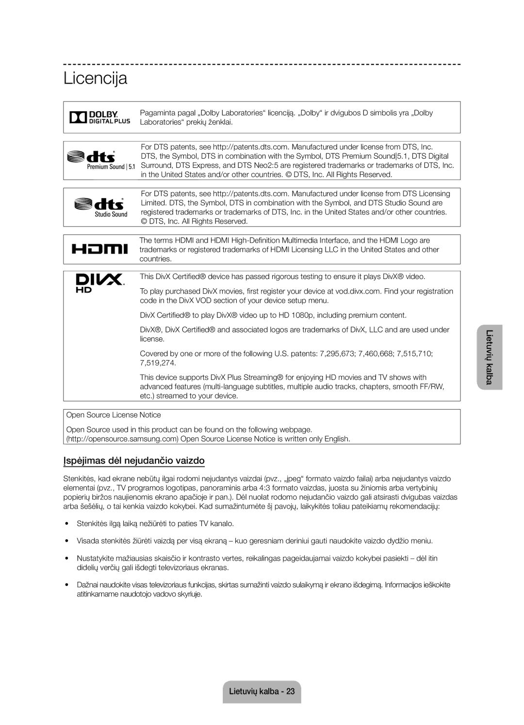 Samsung UE50J6100AWXXN, UE55J6100AWXZF, UE50J6100AWXZF, UE60J6100AWXBT manual Licencija, Įspėjimas dėl nejudančio vaizdo 