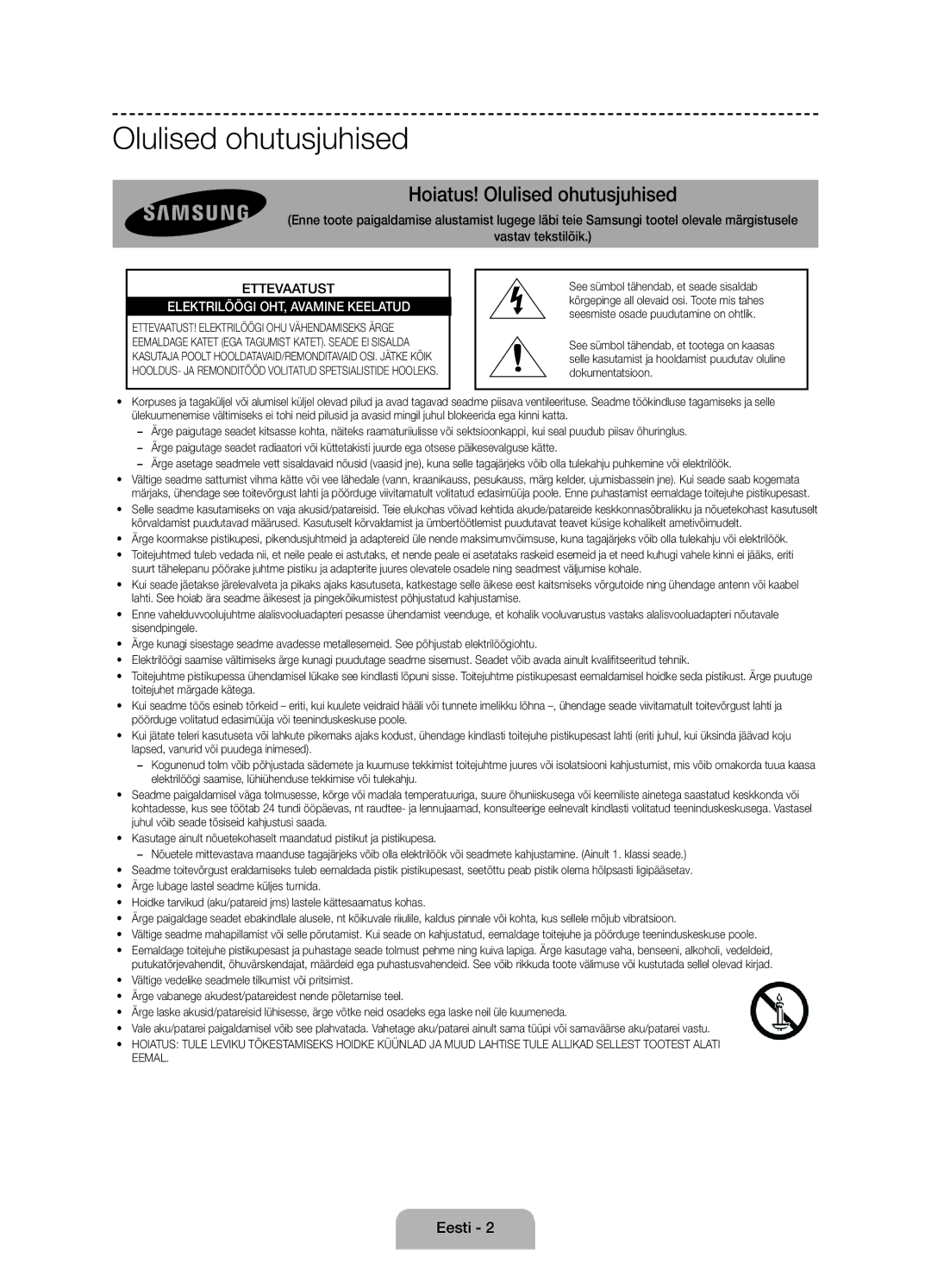 Samsung UE60J6100AWXBT, UE55J6100AWXZF, UE50J6100AWXZF, UE55J6100AWXBT, UE50J6100AWXBT manual Olulised ohutusjuhised, Eesti 