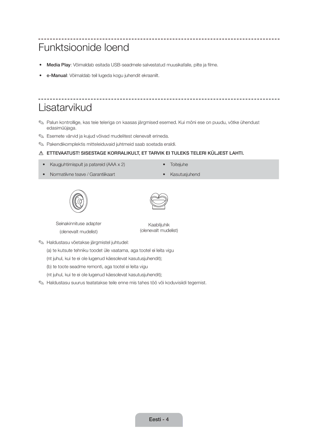 Samsung UE50J6100AWXBT, UE55J6100AWXZF, UE50J6100AWXZF, UE60J6100AWXBT, UE55J6100AWXBT manual Funktsioonide loend, Lisatarvikud 