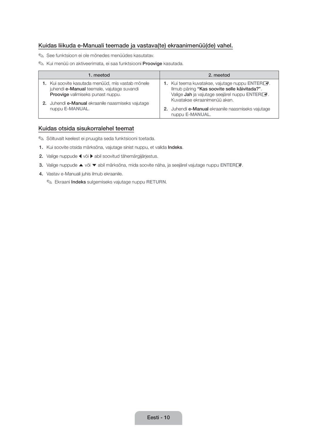 Samsung UE60J6100AWXBT, UE55J6100AWXZF Kuidas otsida sisukorralehel teemat, Juhendi e-Manual ekraanile naasmiseks vajutage 