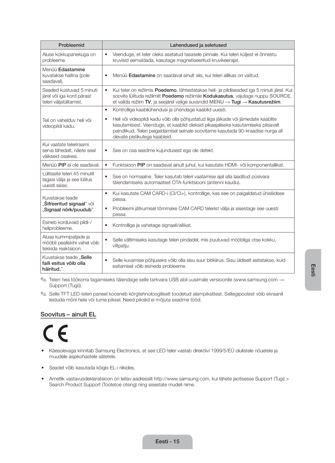 Samsung UE50J6100AWXXN, UE55J6100AWXZF, UE50J6100AWXZF, UE60J6100AWXBT, UE55J6100AWXBT, UE50J6100AWXBT manual Soovitus ainult EL 