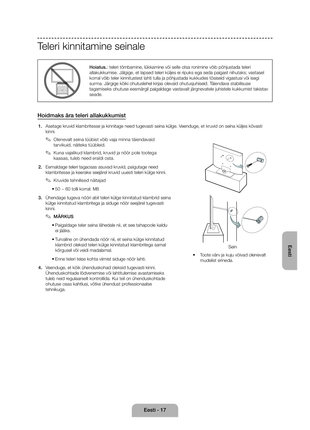 Samsung UE50J6100AWXZF, UE55J6100AWXZF, UE60J6100AWXBT manual Teleri kinnitamine seinale, Hoidmaks ära teleri allakukkumist 