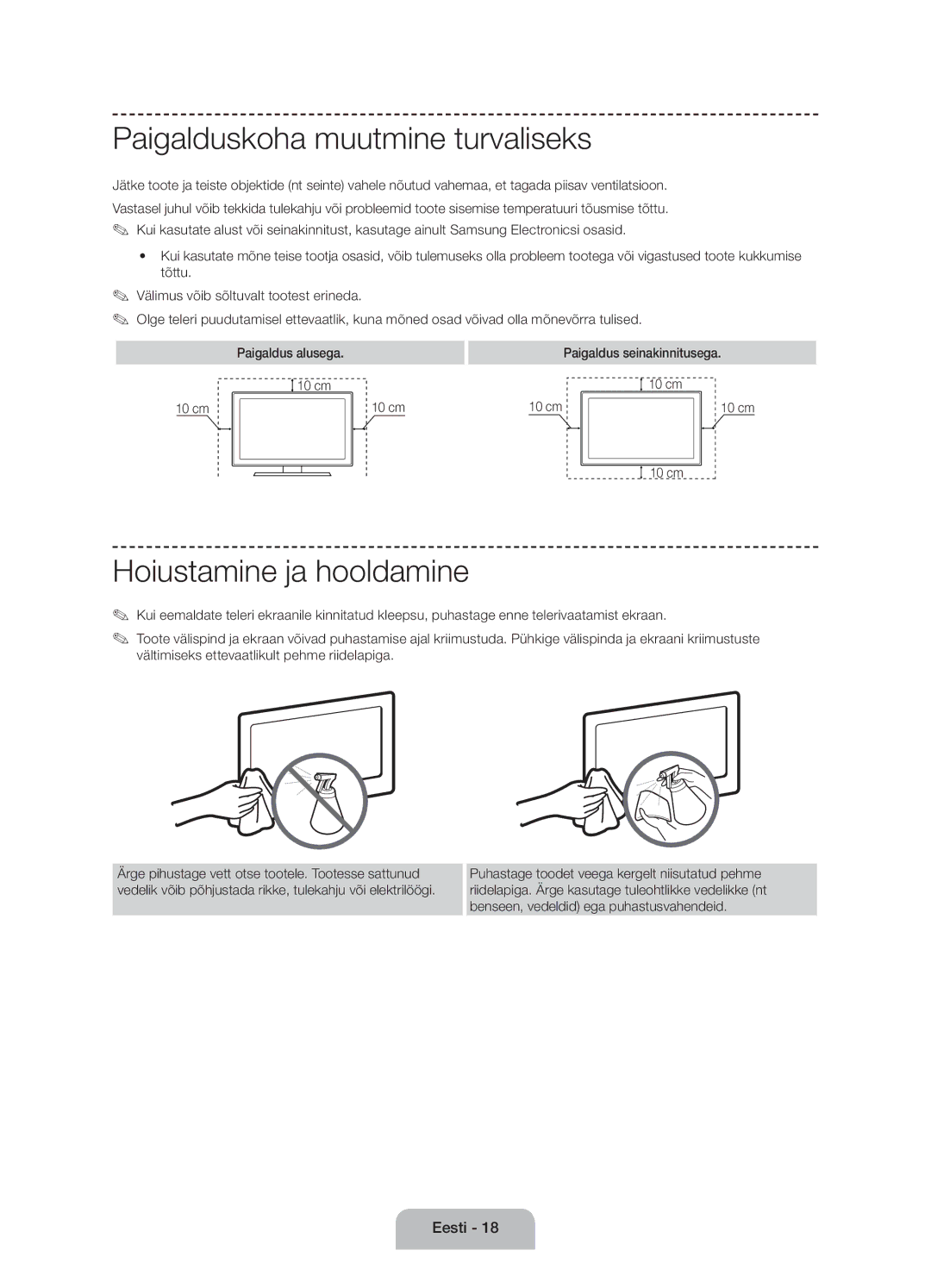 Samsung UE60J6100AWXBT manual Paigalduskoha muutmine turvaliseks, Hoiustamine ja hooldamine, Paigaldus seinakinnitusega 