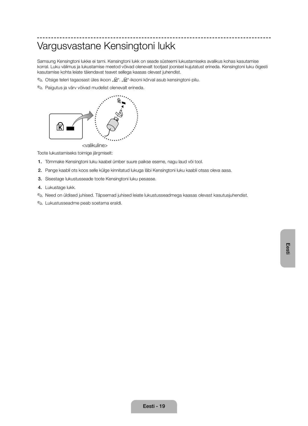 Samsung UE55J6100AWXBT, UE55J6100AWXZF, UE50J6100AWXZF, UE60J6100AWXBT manual Vargusvastane Kensingtoni lukk, Valikuline 