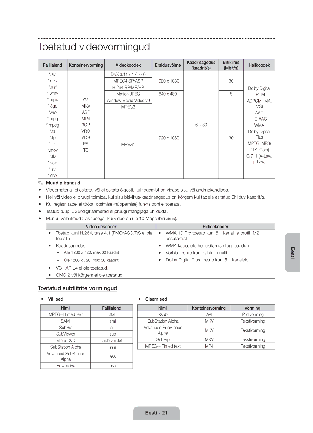 Samsung UE55J6100AWXXN, UE55J6100AWXZF, UE50J6100AWXZF manual Toetatud videovormingud, Toetatud subtiitrite vormingud 