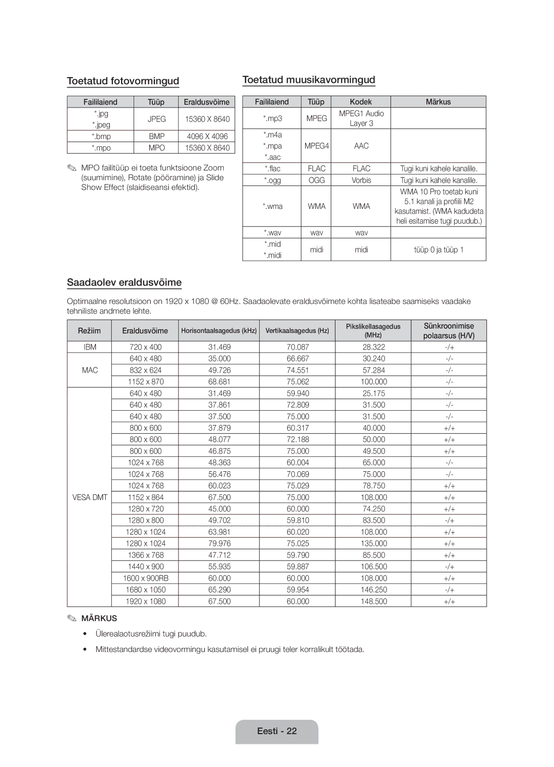 Samsung UE60J6100AWXXN, UE55J6100AWXZF manual Toetatud fotovormingud, Toetatud muusikavormingud, Saadaolev eraldusvõime 