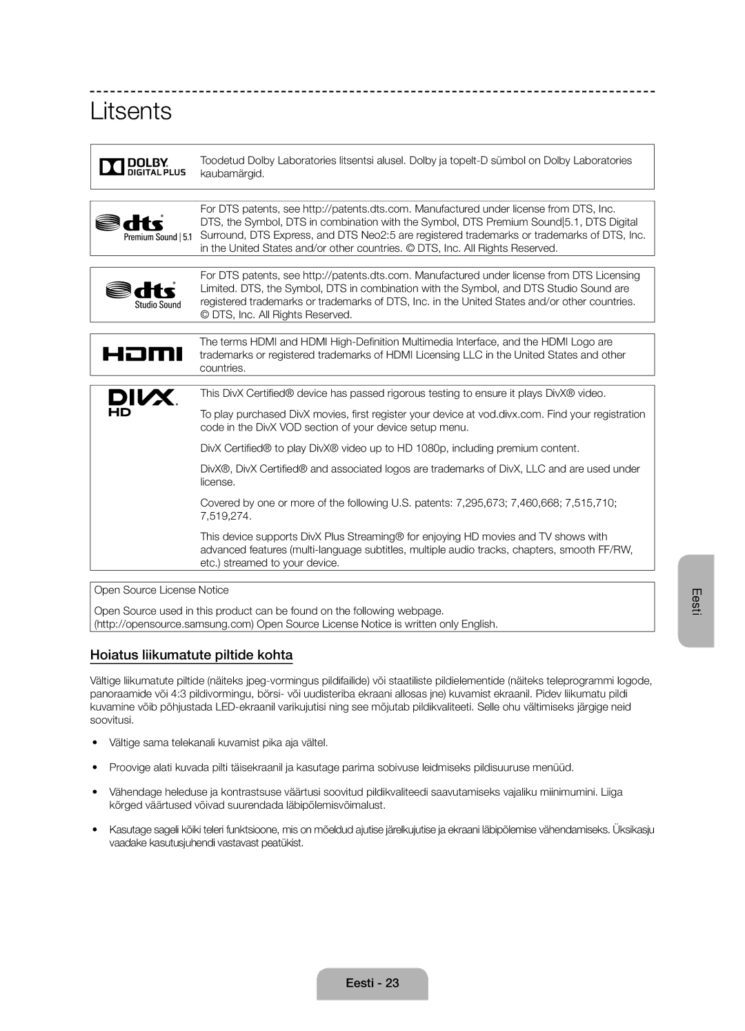 Samsung UE50J6100AWXXN, UE55J6100AWXZF, UE50J6100AWXZF, UE60J6100AWXBT manual Litsents, Hoiatus liikumatute piltide kohta 