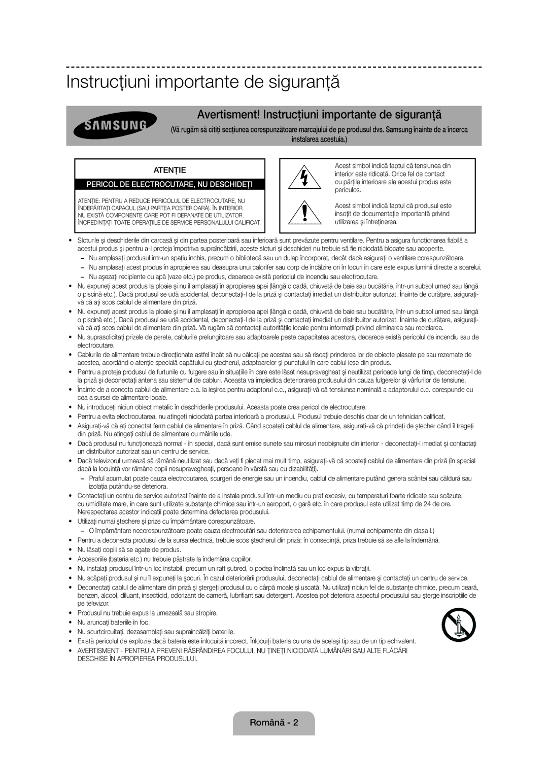 Samsung UE60J6100AWXBT, UE55J6100AWXZF, UE50J6100AWXZF, UE55J6100AWXBT manual Instrucţiuni importante de siguranţă, Română 