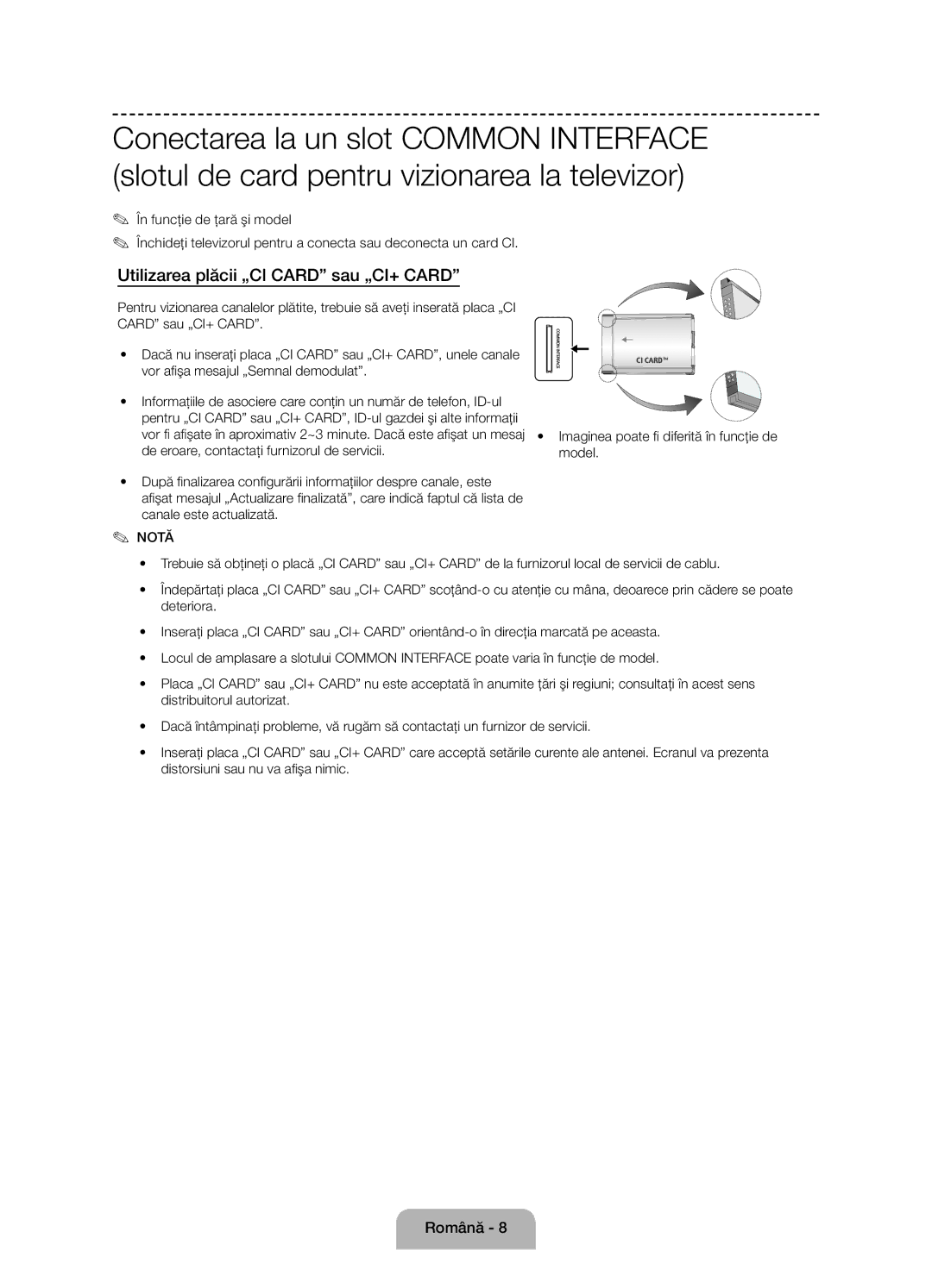 Samsung UE55J6100AWXZF, UE50J6100AWXZF, UE60J6100AWXBT, UE55J6100AWXBT manual Utilizarea plăcii „CI Card sau „CI+ Card 