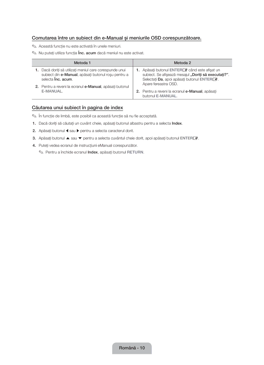 Samsung UE60J6100AWXBT manual Căutarea unui subiect în pagina de index, Pentru a reveni la ecranul e-Manual, apăsaţi 