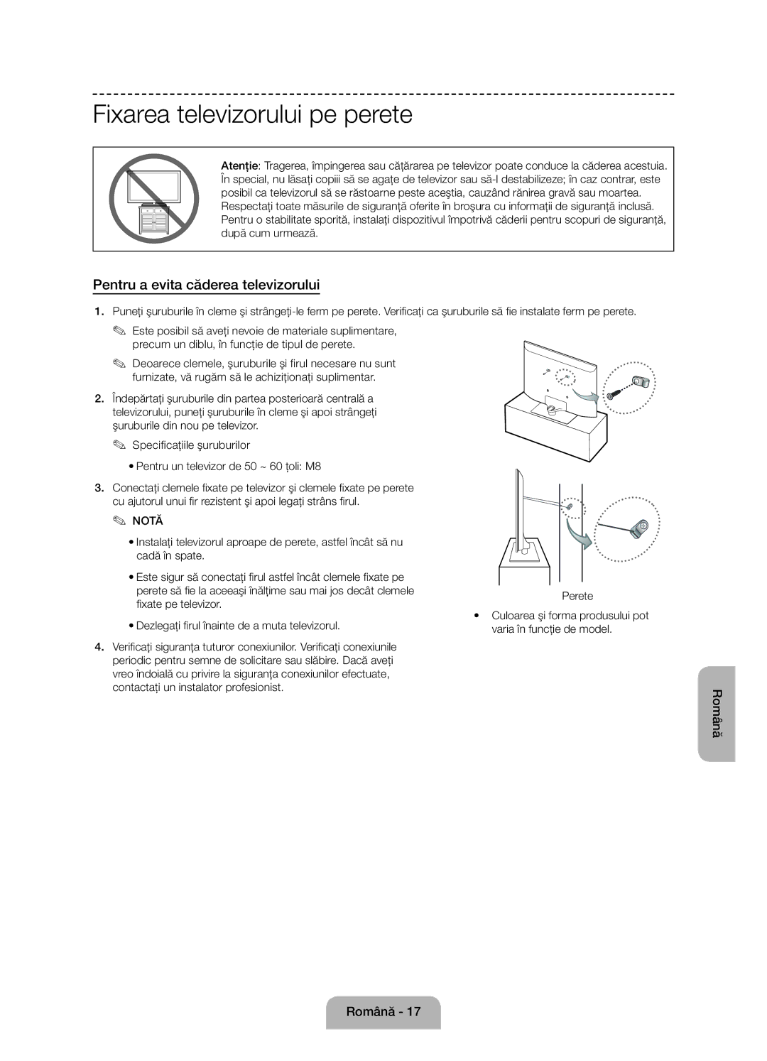 Samsung UE50J6100AWXZF, UE55J6100AWXZF manual Fixarea televizorului pe perete, Pentru a evita căderea televizorului 